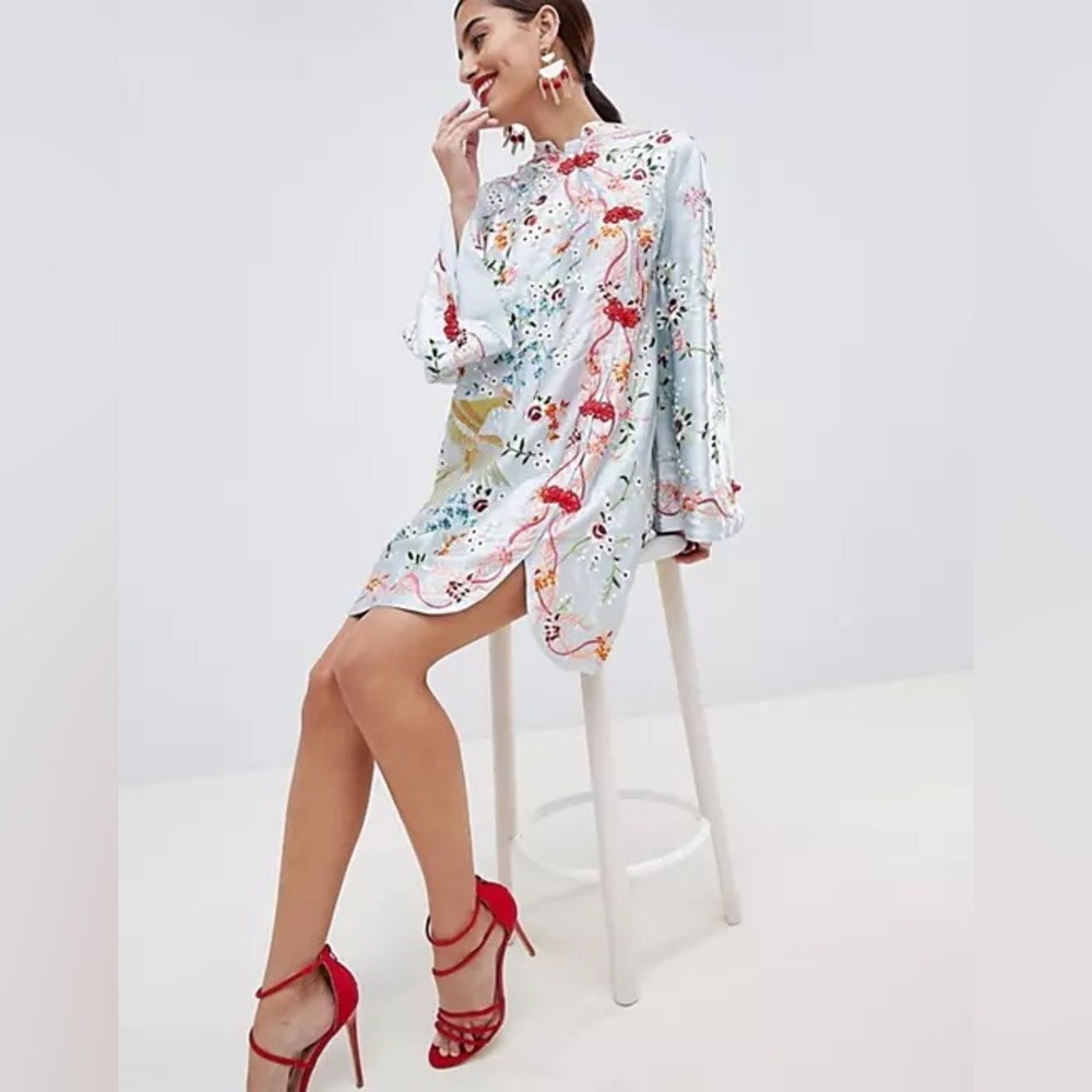 ASOS DESIGN Embroidered Mandarin Collar Mini Dress